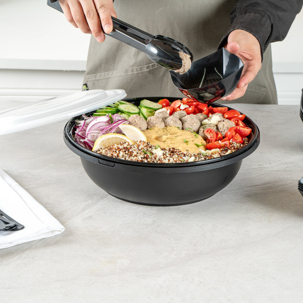 Cater Tek 142 oz Round Black Plastic Catering / Serving Bowl - with Clear Lid, Microwavable - 11 3/4" x 11 3/4" x 4" - 50 count box