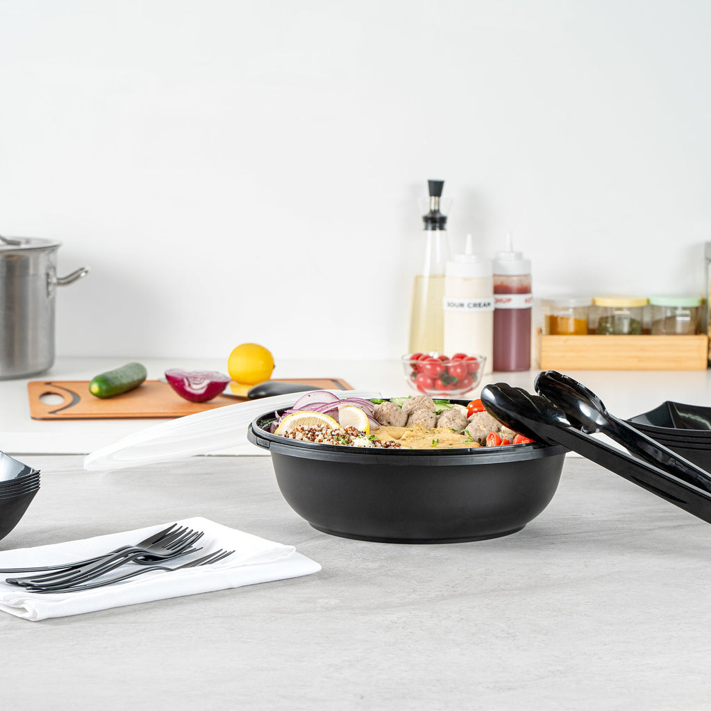Cater Tek 142 oz Round Black Plastic Catering / Serving Bowl - with Clear Lid, Microwavable - 11 3/4" x 11 3/4" x 4" - 50 count box