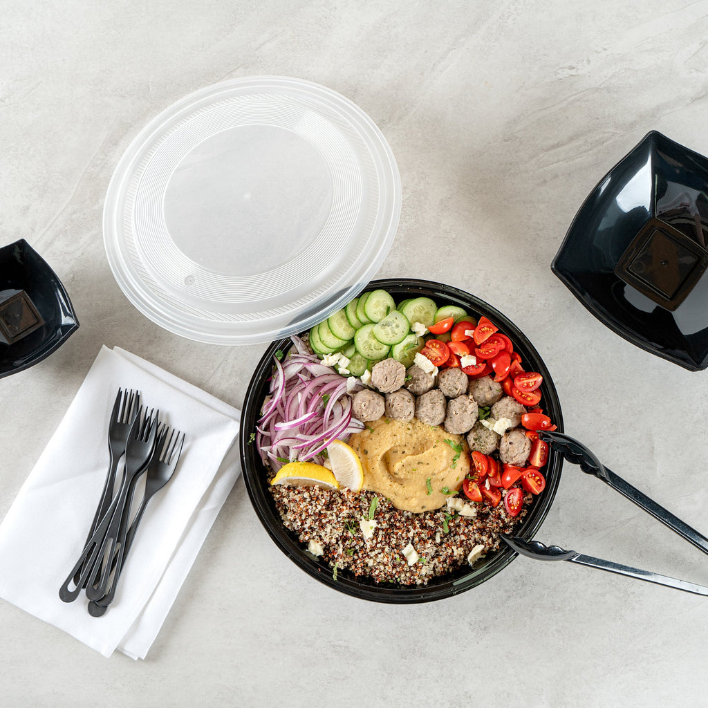 Cater Tek 142 oz Round Black Plastic Catering / Serving Bowl - with Clear Lid, Microwavable - 11 3/4" x 11 3/4" x 4" - 50 count box