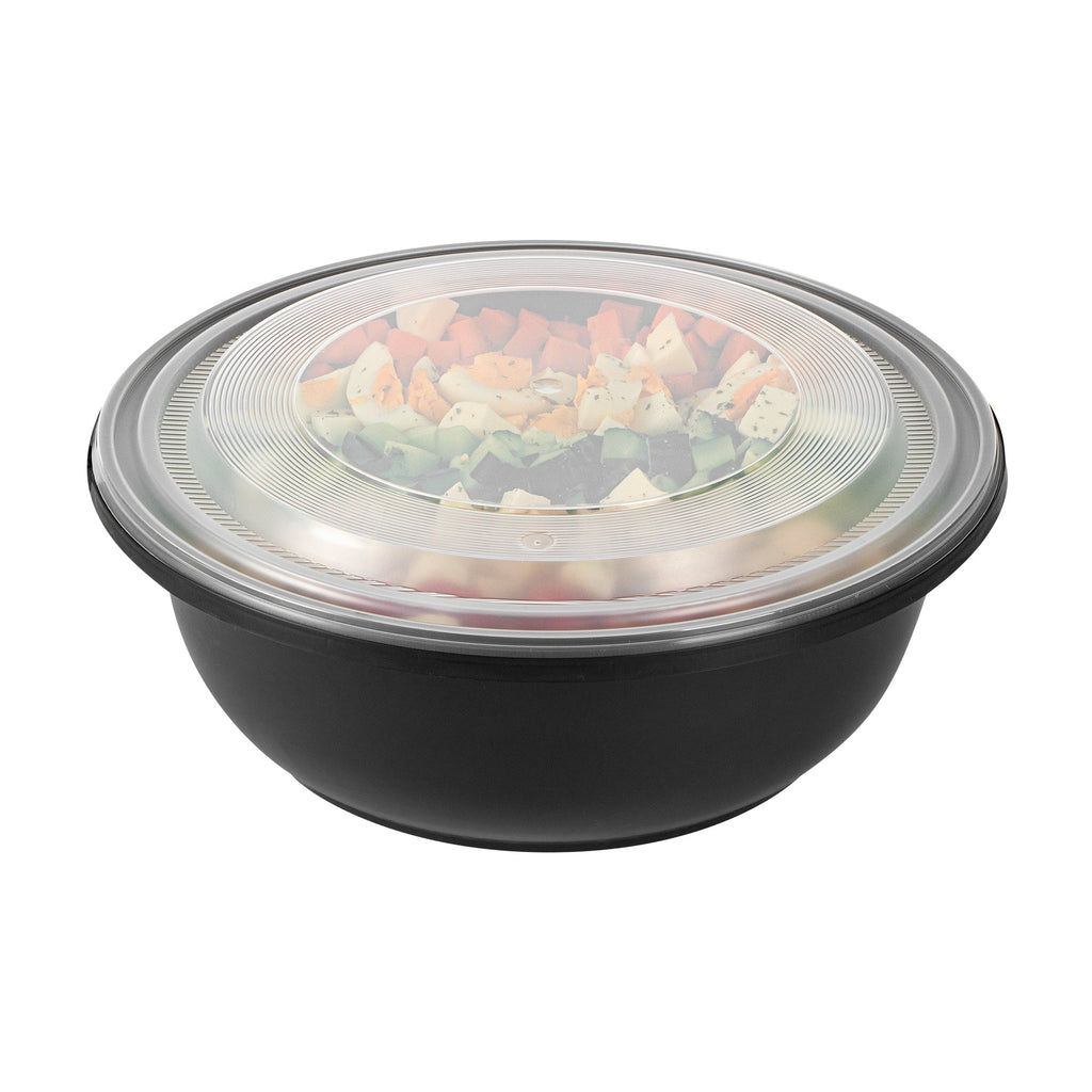 Cater Tek 169 oz Round Black Catering / Serving Bowl - with Clear Lid, Microwavable - 11 3/4" x 11 3/4" x 4 1/2" - 25 count box