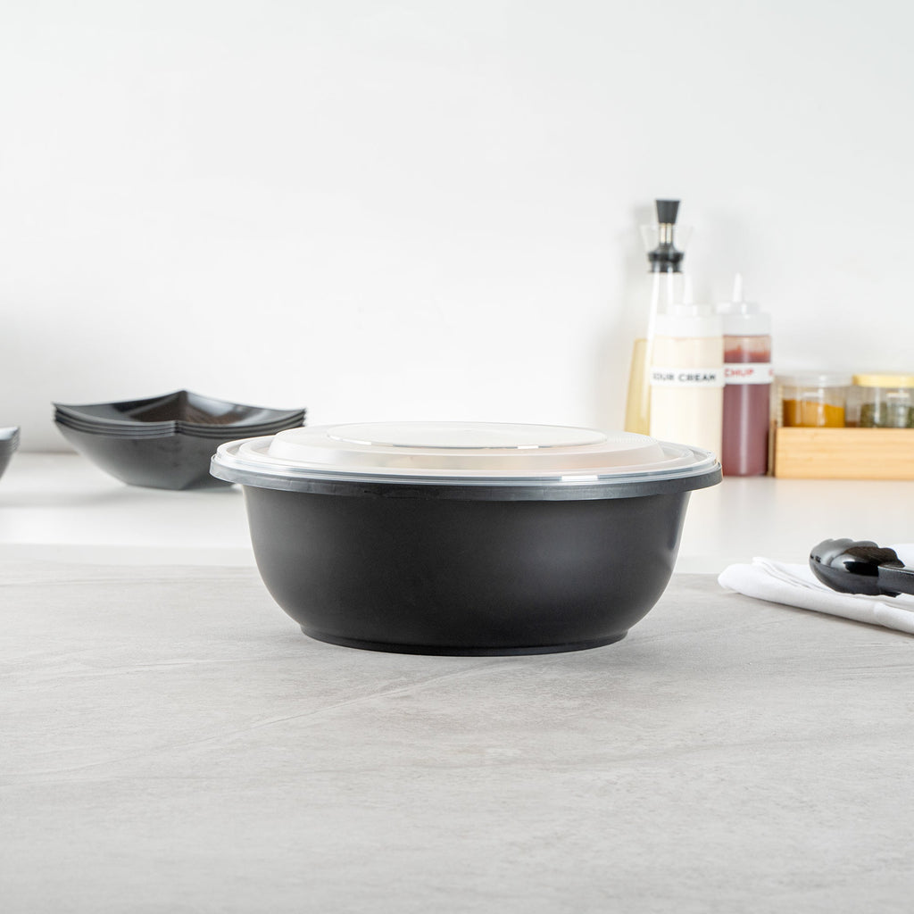 Cater Tek 169 oz Round Black Catering / Serving Bowl - with Clear Lid, Microwavable - 11 3/4" x 11 3/4" x 4 1/2" - 25 count box