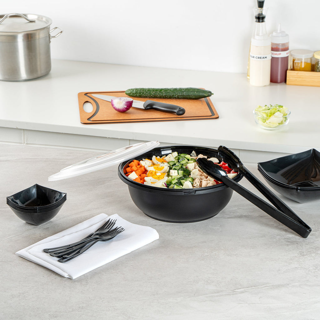 Cater Tek 169 oz Round Black Catering / Serving Bowl - with Clear Lid, Microwavable - 11 3/4" x 11 3/4" x 4 1/2" - 25 count box