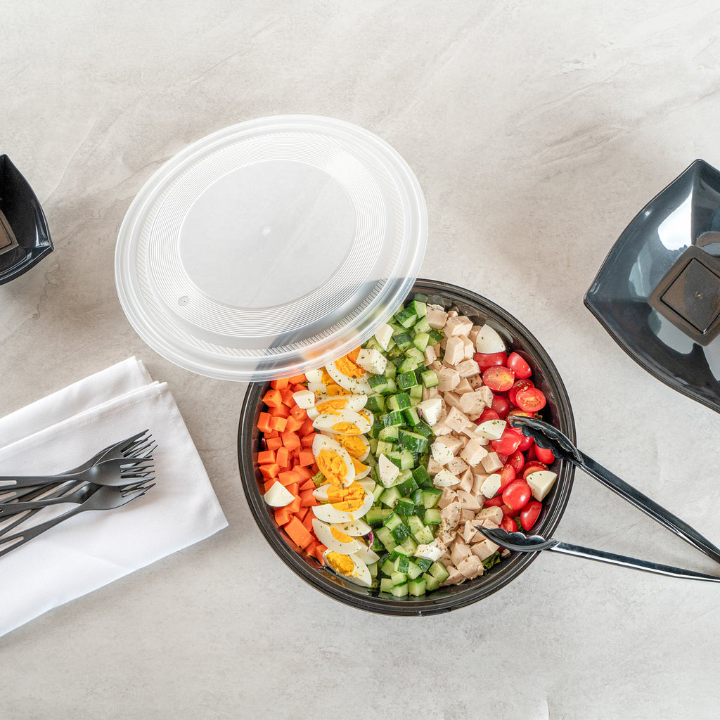 Cater Tek 169 oz Round Black Catering / Serving Bowl - with Clear Lid, Microwavable - 11 3/4" x 11 3/4" x 4 1/2" - 25 count box