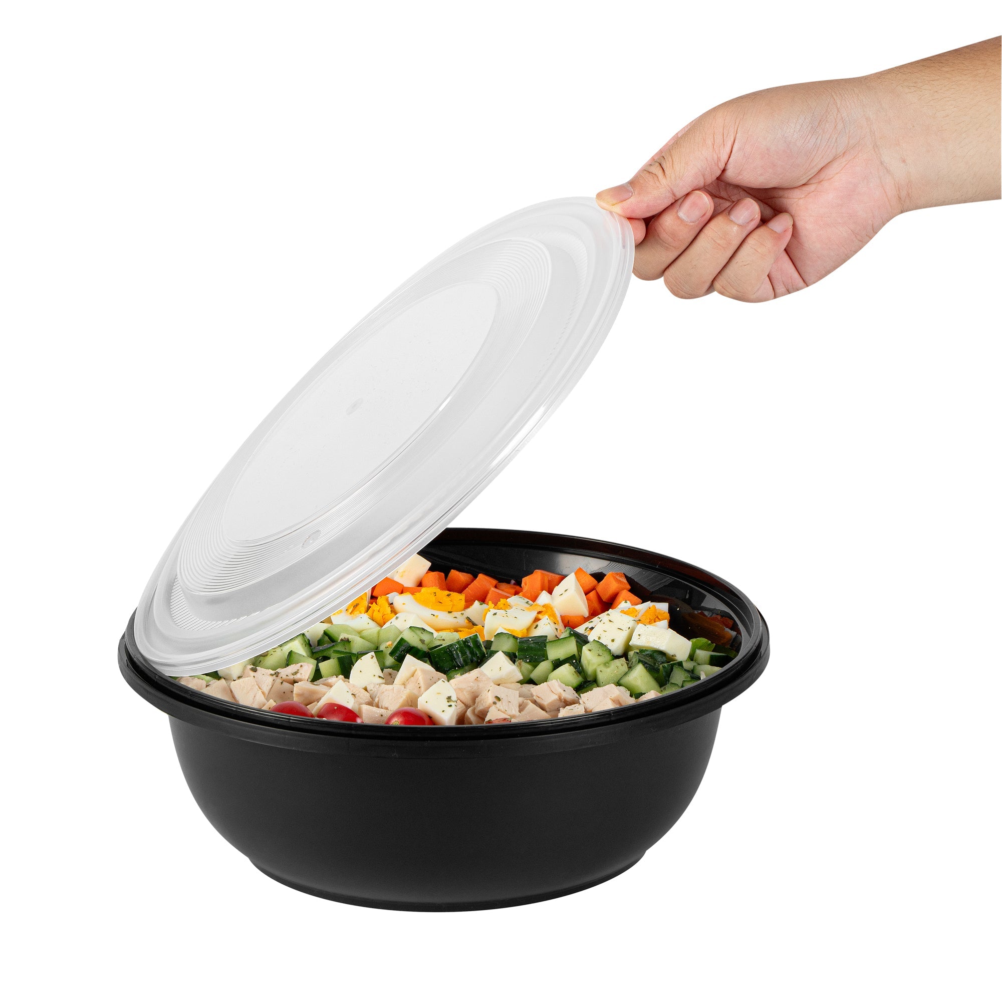 Cater Tek 169 oz Round Black Catering / Serving Bowl - with Clear Lid, Microwavable - 11 3/4" x 11 3/4" x 4 1/2" - 50 count box