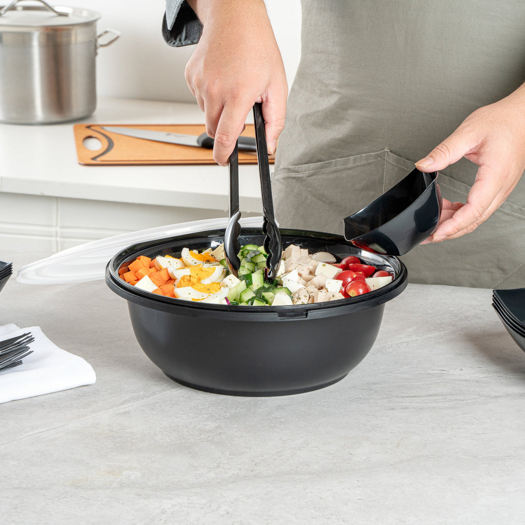 Cater Tek 169 oz Round Black Catering / Serving Bowl - with Clear Lid, Microwavable - 11 3/4" x 11 3/4" x 4 1/2" - 50 count box