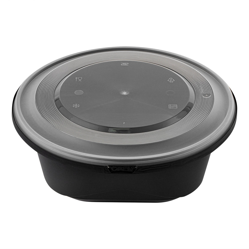 Cater Tek 85 oz Round Black Catering / Serving Bowl - with Clear Lid, Microwavable - 9 3/4" x 9 3/4" x 3 3/4" - 25 count box