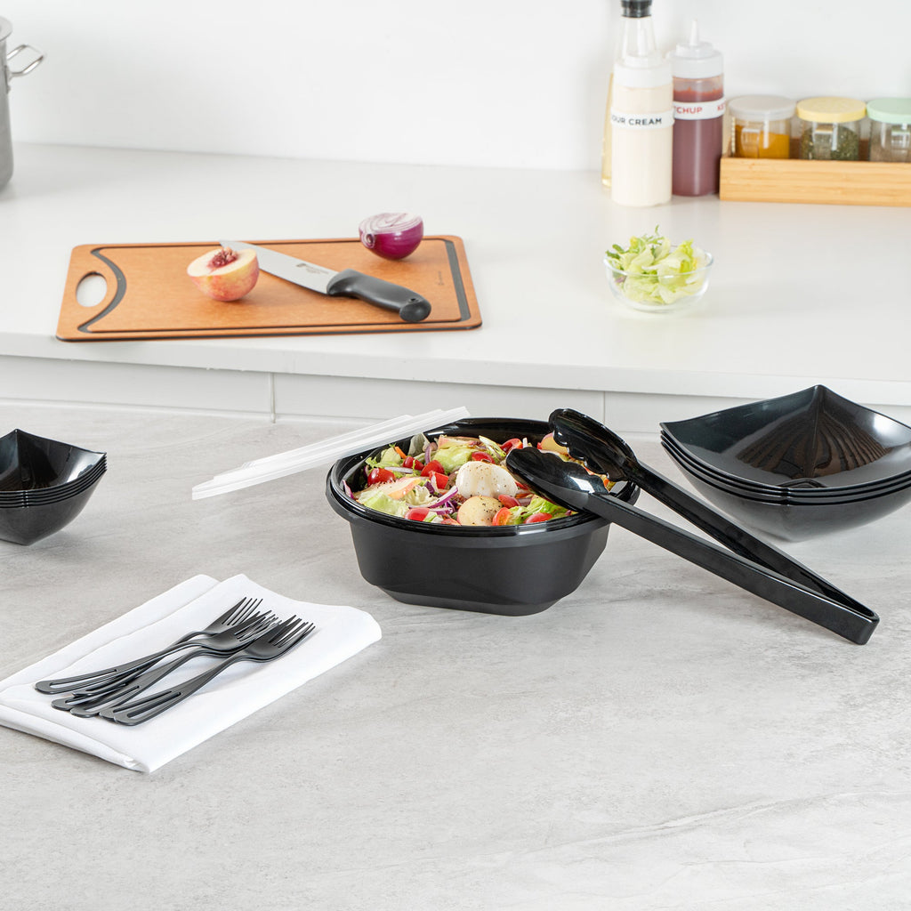 Cater Tek 85 oz Round Black Catering / Serving Bowl - with Clear Lid, Microwavable - 9 3/4" x 9 3/4" x 3 3/4" - 25 count box