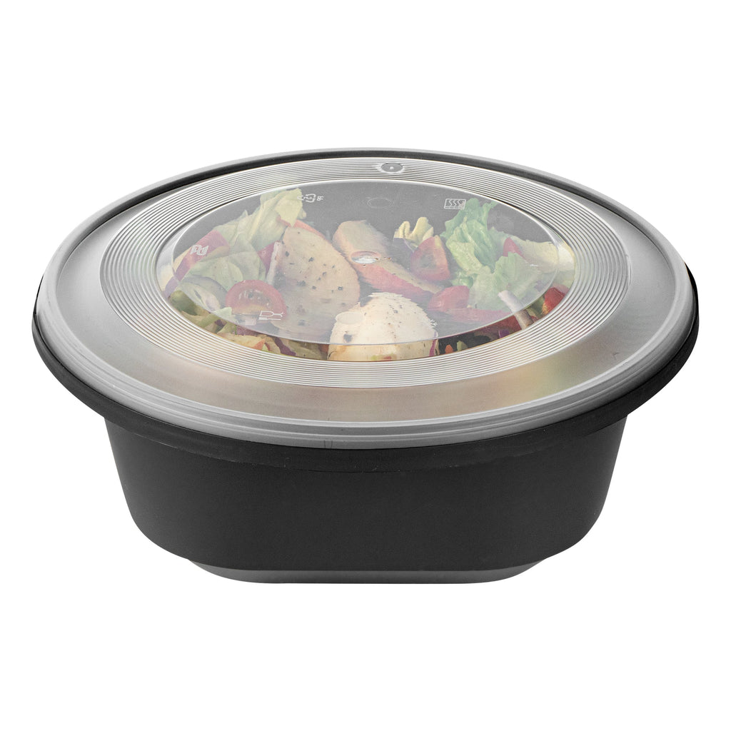 Cater Tek 85 oz Round Black Catering / Serving Bowl - with Clear Lid, Microwavable - 9 3/4" x 9 3/4" x 3 3/4" - 25 count box