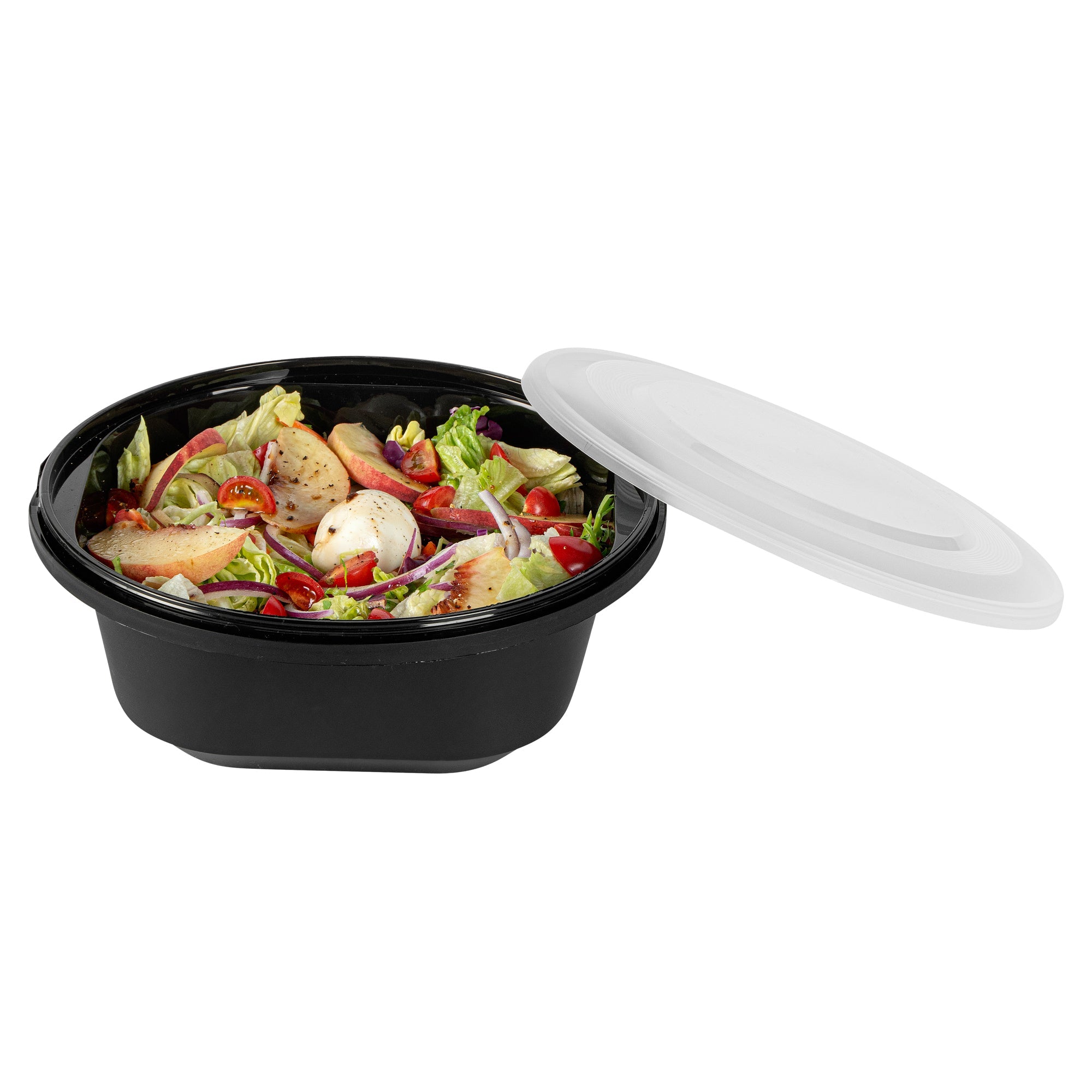 Cater Tek 85 oz Round Black Catering / Serving Bowl - with Clear Lid, Microwavable - 9 3/4" x 9 3/4" x 3 3/4" - 25 count box
