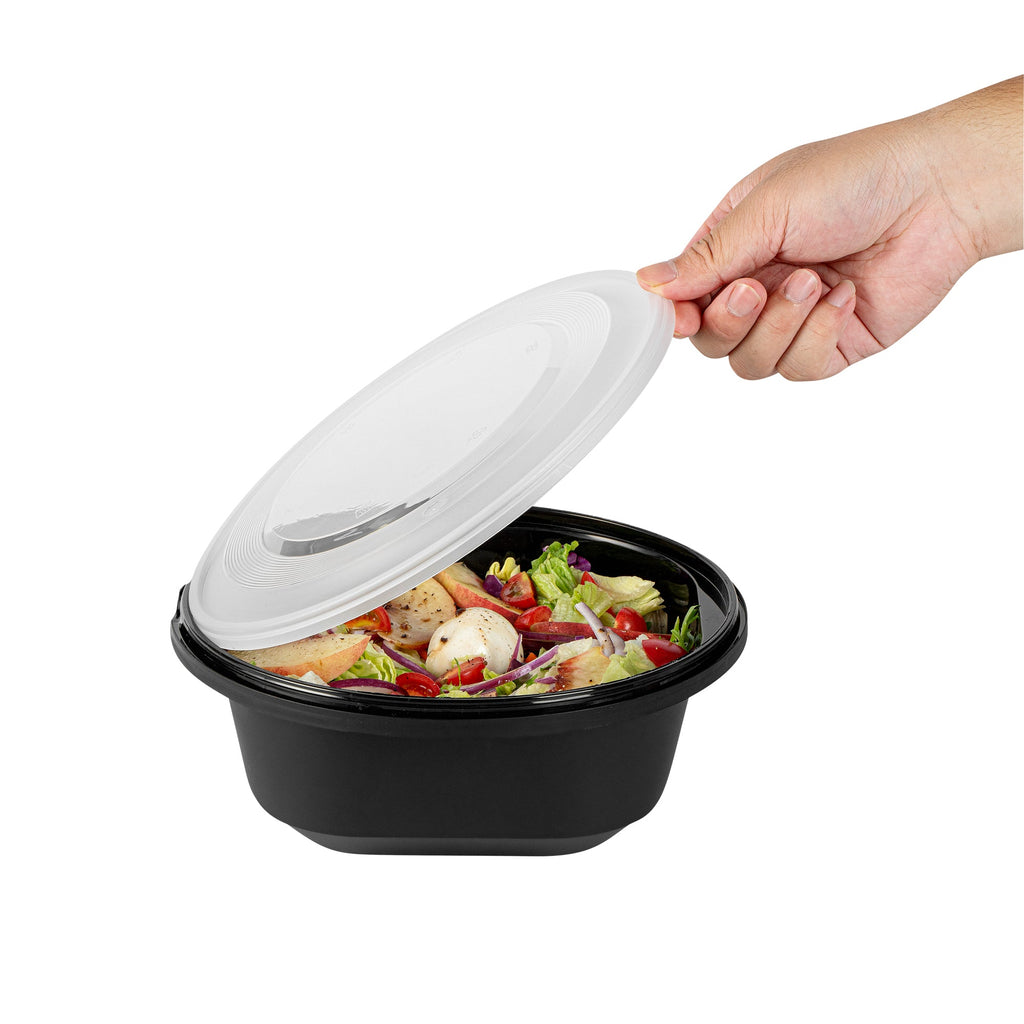 Cater Tek 85 oz Round Black Catering / Serving Bowl - with Clear Lid, Microwavable - 9 3/4" x 9 3/4" x 3 3/4" - 25 count box