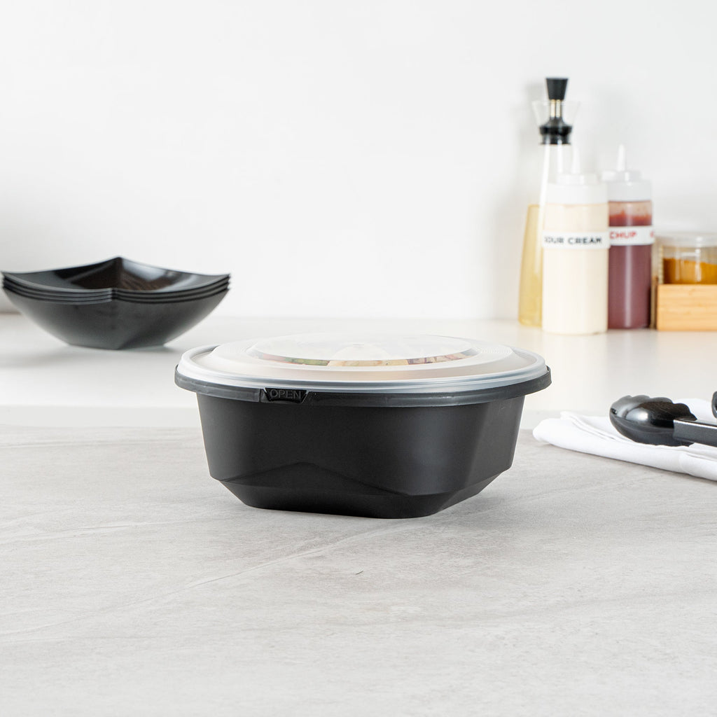 Cater Tek 85 oz Round Black Catering / Serving Bowl - with Clear Lid, Microwavable - 9 3/4" x 9 3/4" x 3 3/4" - 25 count box