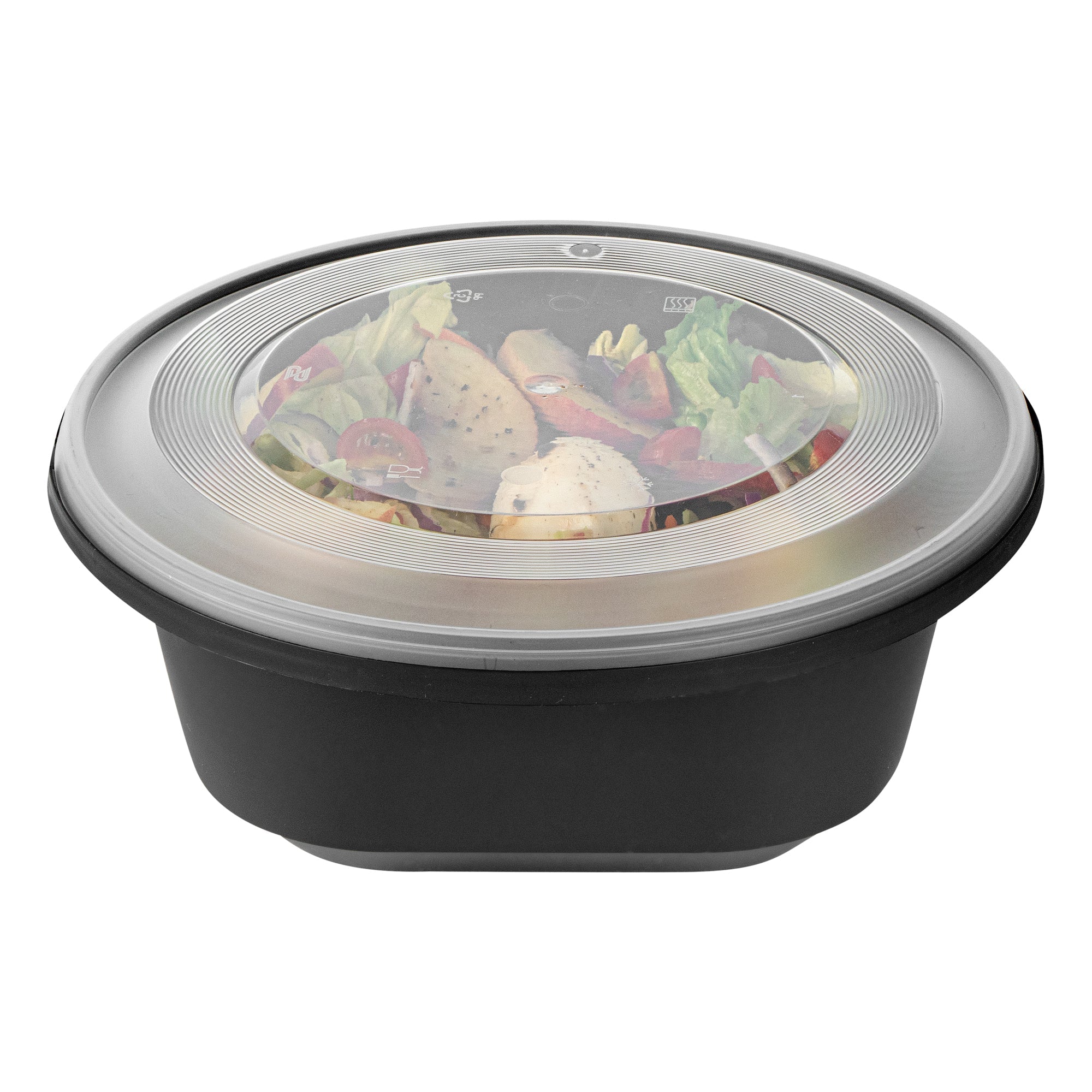 Cater Tek 85 oz Round Black Catering / Serving Bowl - with Clear Lid, Microwavable - 9 3/4" x 9 3/4" x 3 3/4" - 100 count box