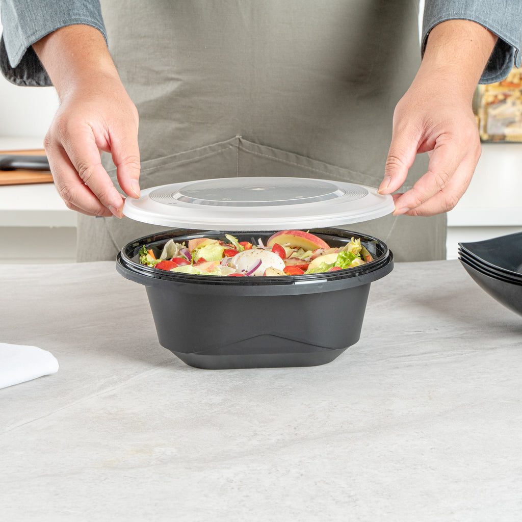 Cater Tek 85 oz Round Black Catering / Serving Bowl - with Clear Lid, Microwavable - 9 3/4" x 9 3/4" x 3 3/4" - 100 count box