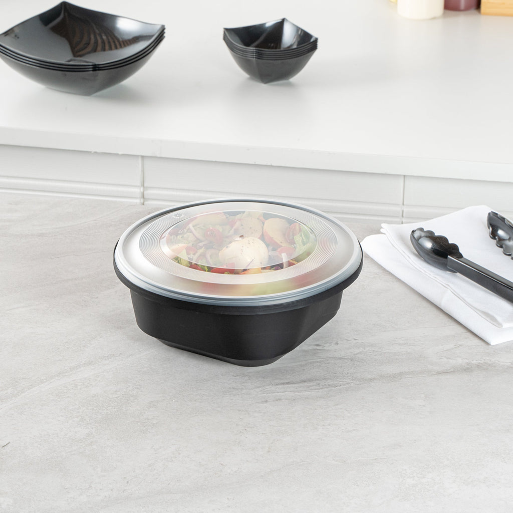 Cater Tek 85 oz Round Black Catering / Serving Bowl - with Clear Lid, Microwavable - 9 3/4" x 9 3/4" x 3 3/4" - 100 count box