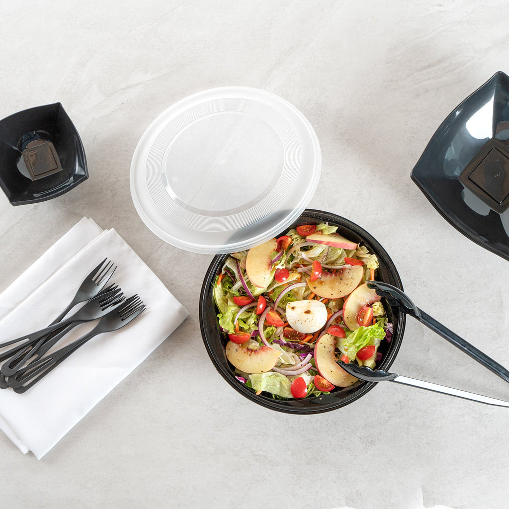 Cater Tek 85 oz Round Black Catering / Serving Bowl - with Clear Lid, Microwavable - 9 3/4" x 9 3/4" x 3 3/4" - 100 count box