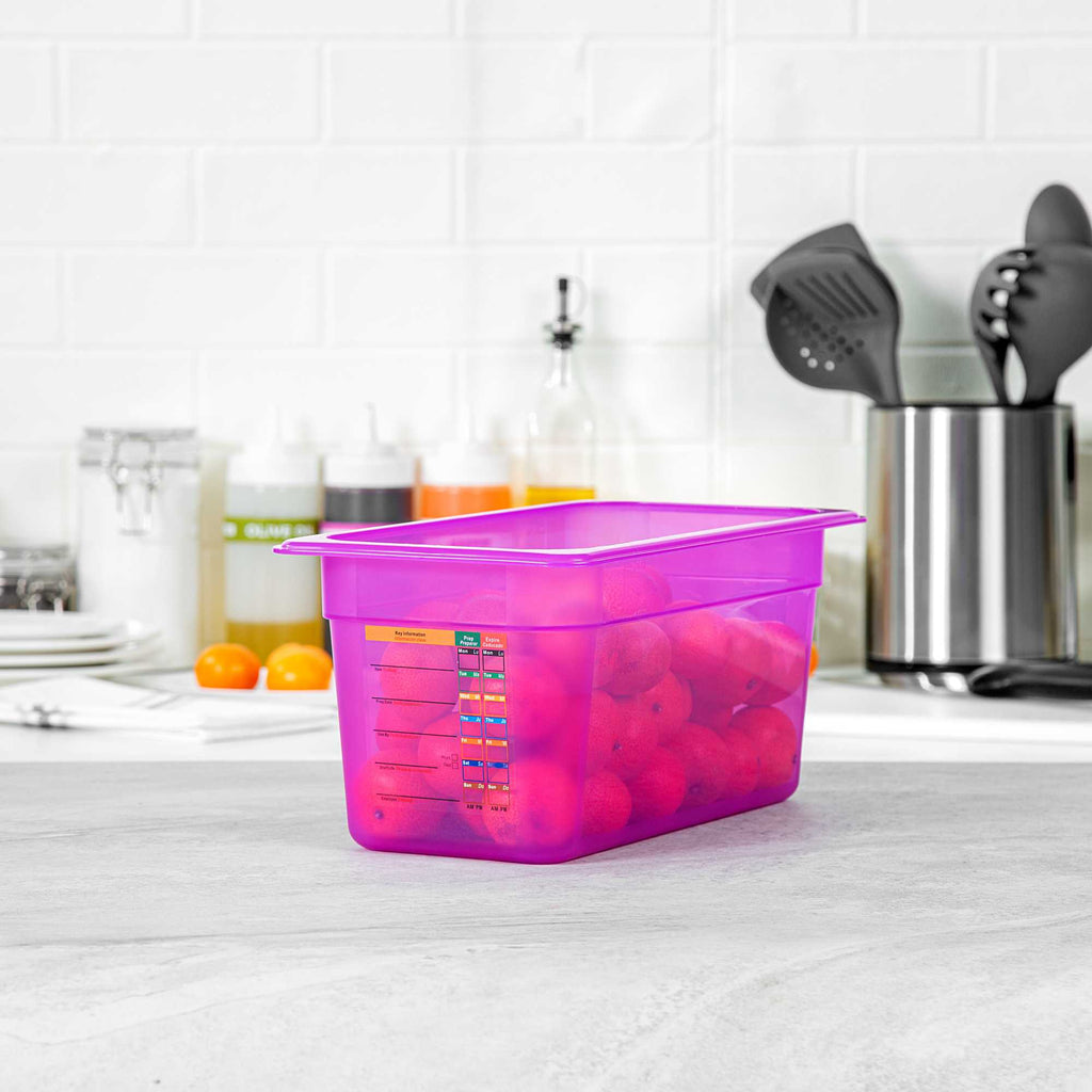Met Lux Purple Allergen-Free Polypropylene 1/3 Size Food Pan - 6" Deep, with Label - 10 count box