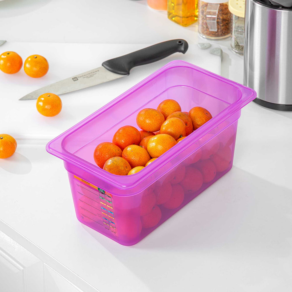 Met Lux Purple Allergen-Free Polypropylene 1/3 Size Food Pan - 6" Deep, with Label - 10 count box