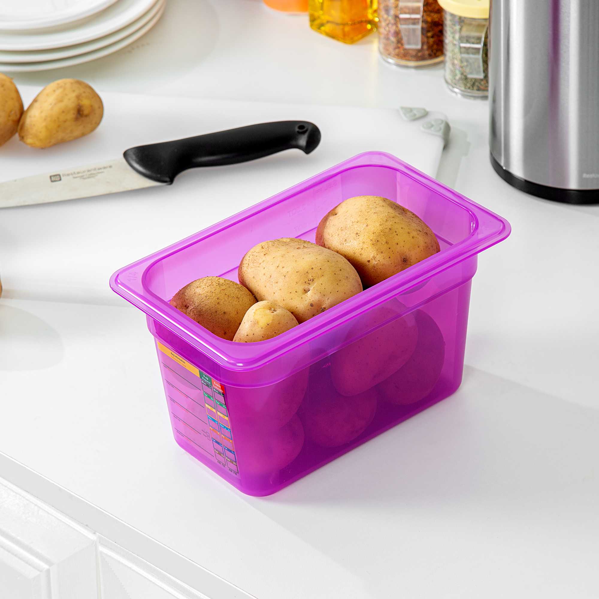Met Lux Purple Allergen-Free Polypropylene 1/4 Size Food Pan - 6" Deep, with Label - 1 count box