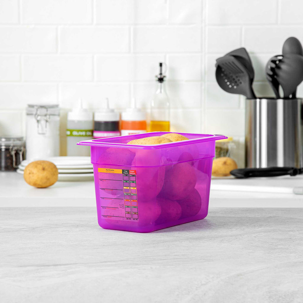 Met Lux Purple Allergen-Free Polypropylene 1/4 Size Food Pan - 6" Deep, with Label - 10 count box