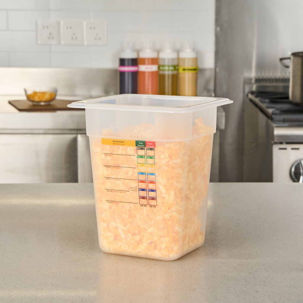 Met Lux Square White Polypropylene 1/6 Size Food Pan - 8" Deep, with Label - 6 3/4" x 6 1/4" x 7 3/4" - 10 count box