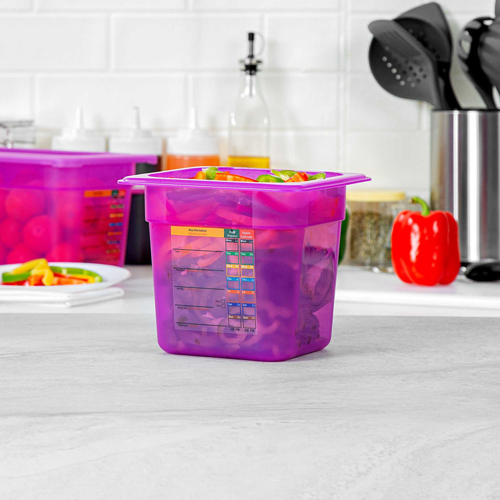 Met Lux Purple Allergen-Free Polypropylene 1/6 Size Food Pan - 6" Deep, with Label - 10 count box