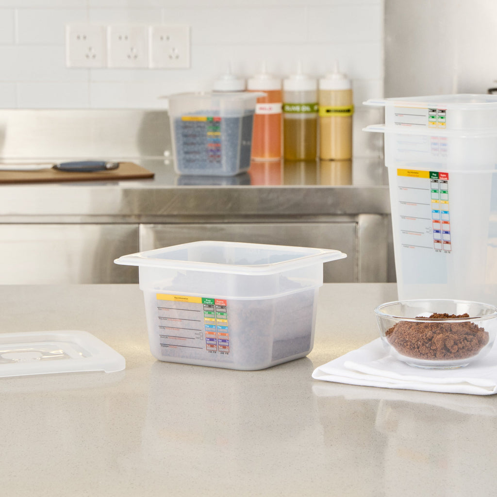 Met Lux Square White Polypropylene 1/6 Size Food Pan - 4" Deep, with Label - 6 3/4" x 6 1/4" x 4" - 10 count box