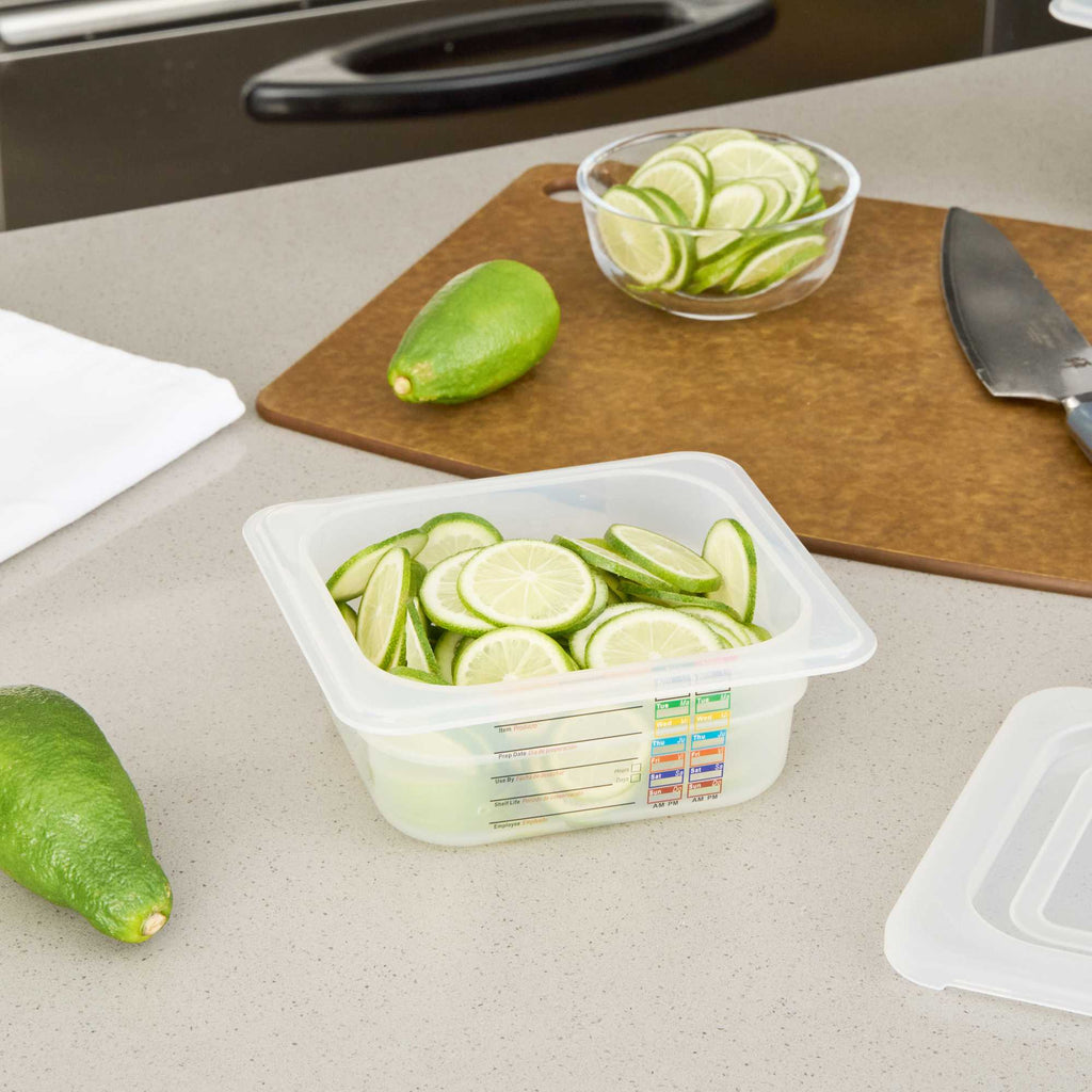 Met Lux Square White Polypropylene 1/6 Size Food Pan - 2.5" Deep, with Label - 6 3/4" x 6 1/4" x 2 1/2" - 1 count box