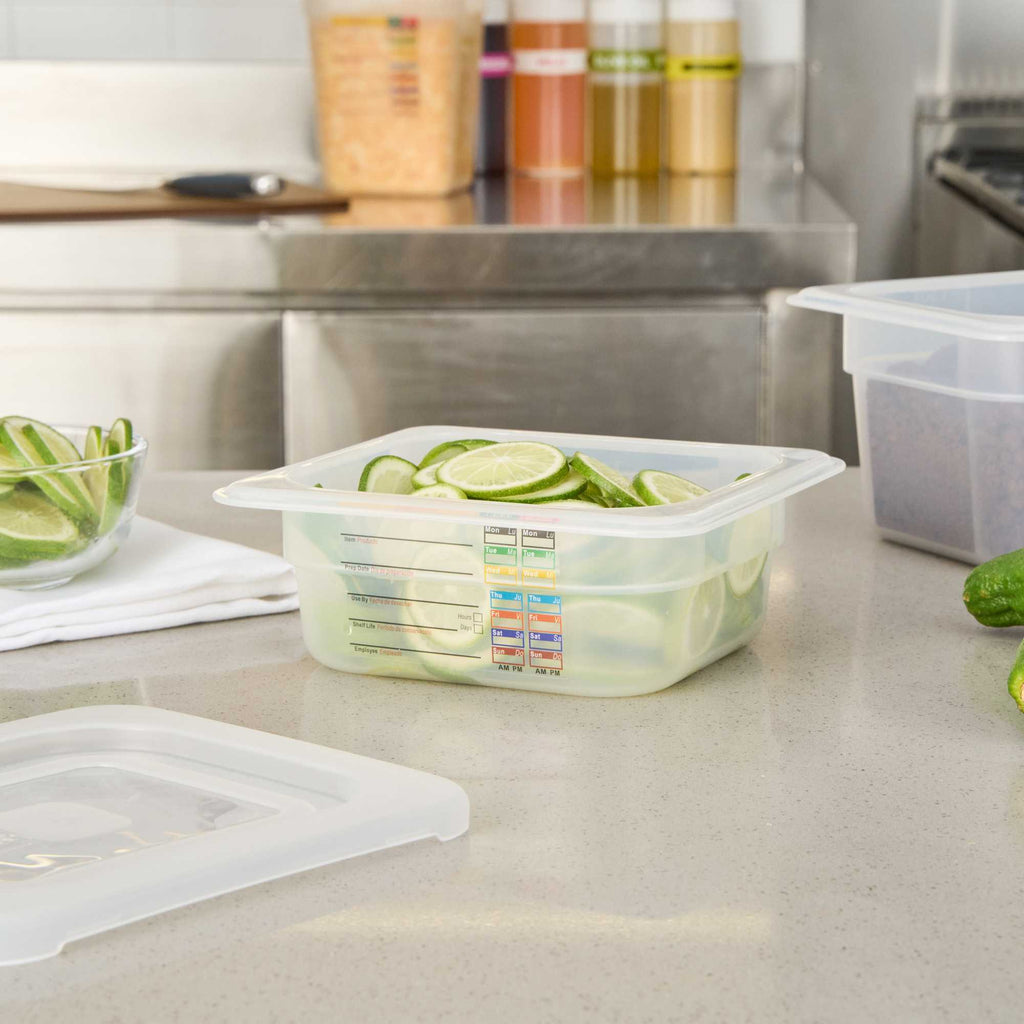 Met Lux Square White Polypropylene 1/6 Size Food Pan - 2.5" Deep, with Label - 6 3/4" x 6 1/4" x 2 1/2" - 1 count box