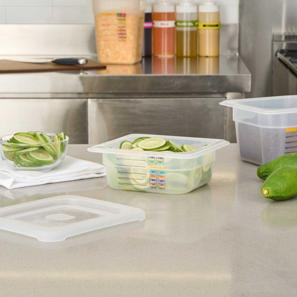Met Lux Square White Polypropylene 1/6 Size Food Pan - 2.5" Deep, with Label - 6 3/4" x 6 1/4" x 2 1/2" - 1 count box