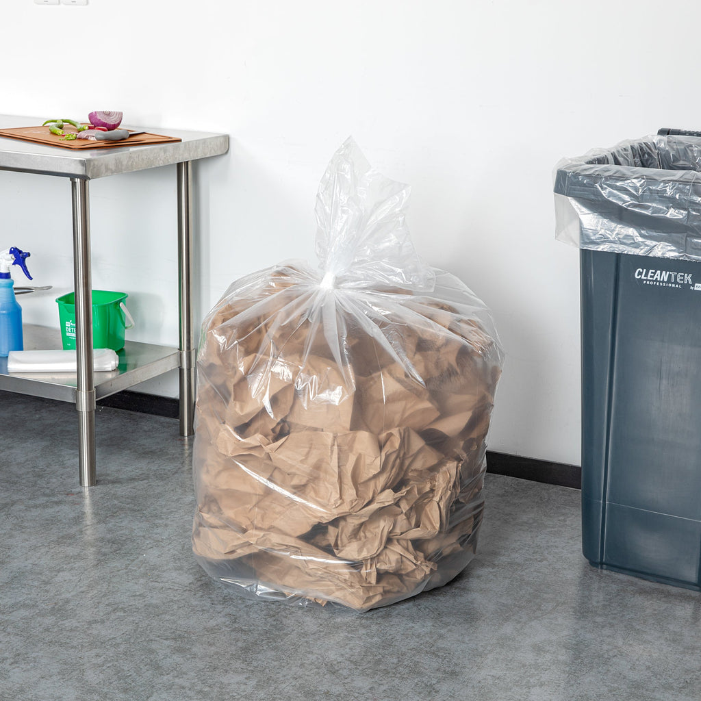 RW Clean 55 gal Clear Plastic Trash Can Liner - Light-Duty, 1 mil - 38" x 58" - 100 count box