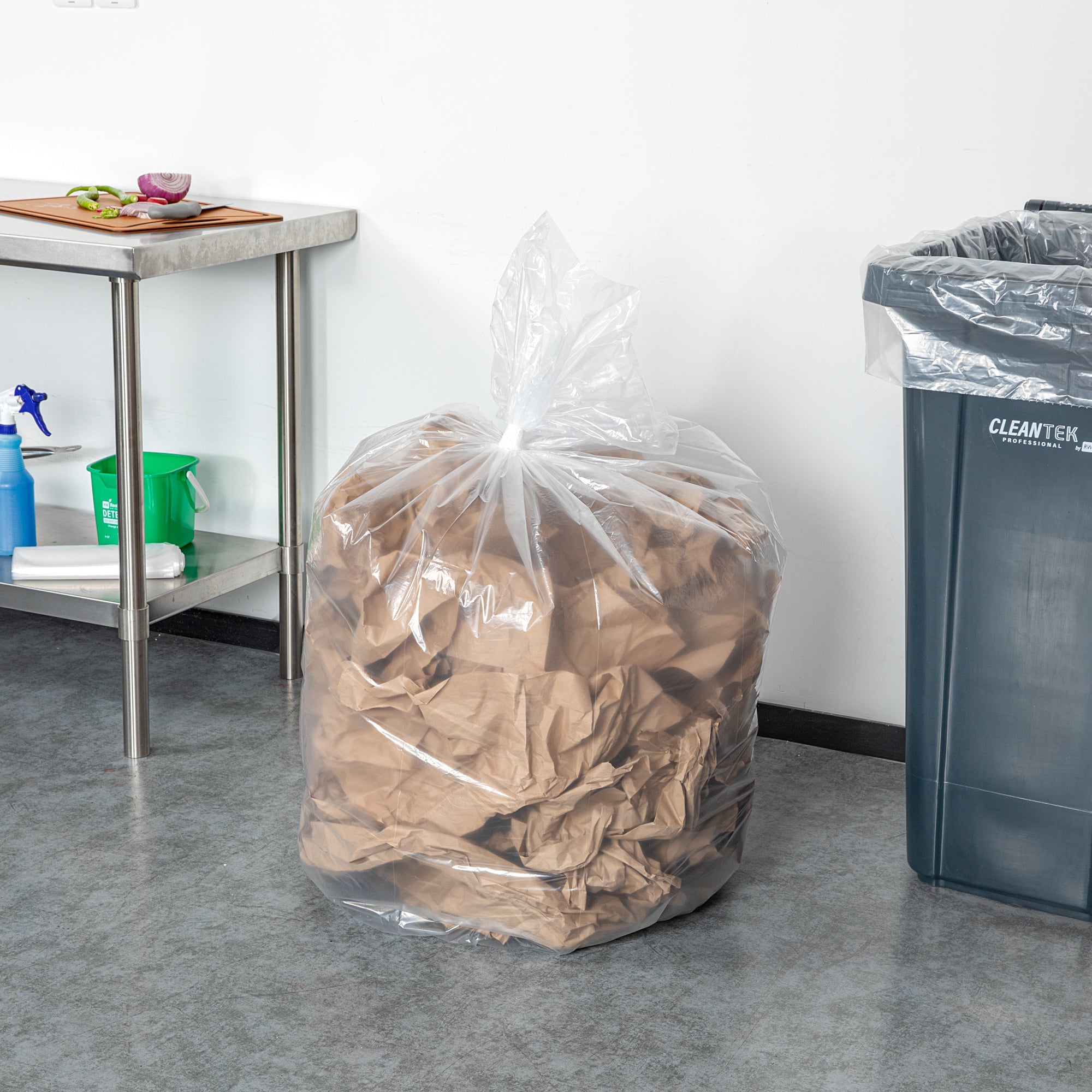 RW Clean 55 gal Clear Plastic Trash Can Liner - Light-Duty, 1 mil - 38" x 58" - 100 count box