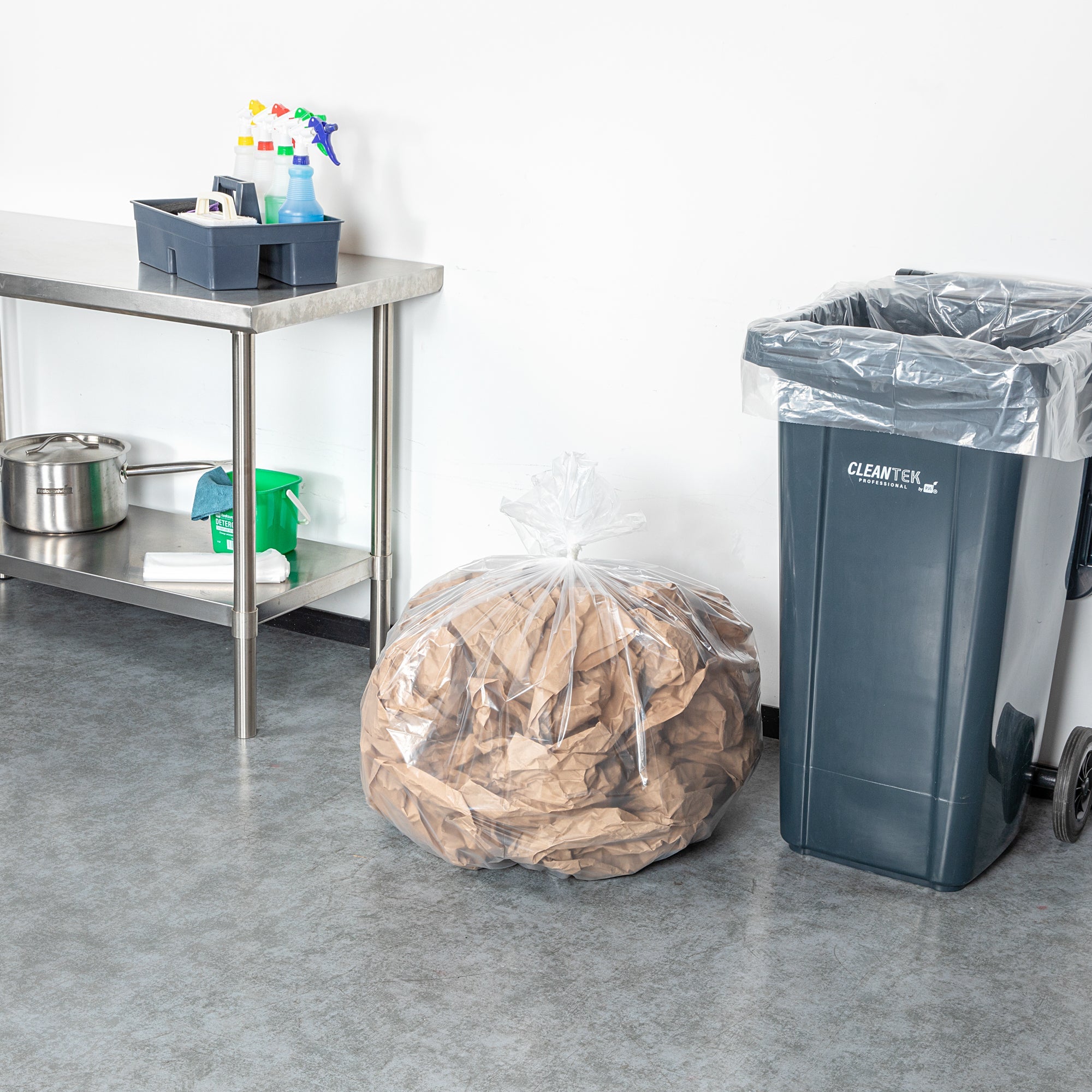 RW Clean 45 gal Clear Plastic Trash Can Liner - Light-Duty, 1 mil - 40" x 46" - 100 count box