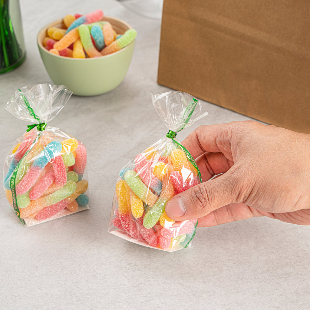 Basic Nature Clear Plastic Gusset Bag - Compostable, Paper Insert, Heat Sealable - 2" x 1 1/2" x 5" - 100 count box