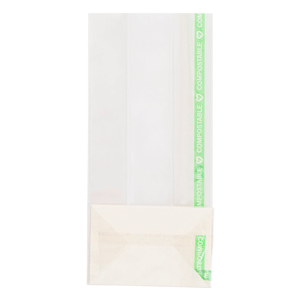 Basic Nature Clear Plastic Gusset Bag - Compostable, Paper Insert, Heat Sealable - 3" x 2" x 6 1/2" - 100 count box