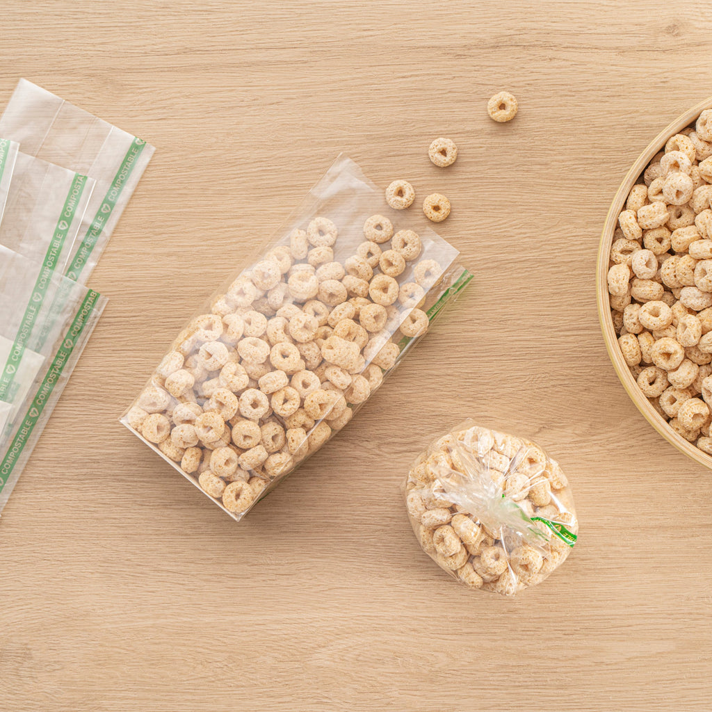 Basic Nature Clear Plastic Gusset Bag - Compostable, Paper Insert, Heat Sealable - 3" x 2" x 6 1/2" - 100 count box