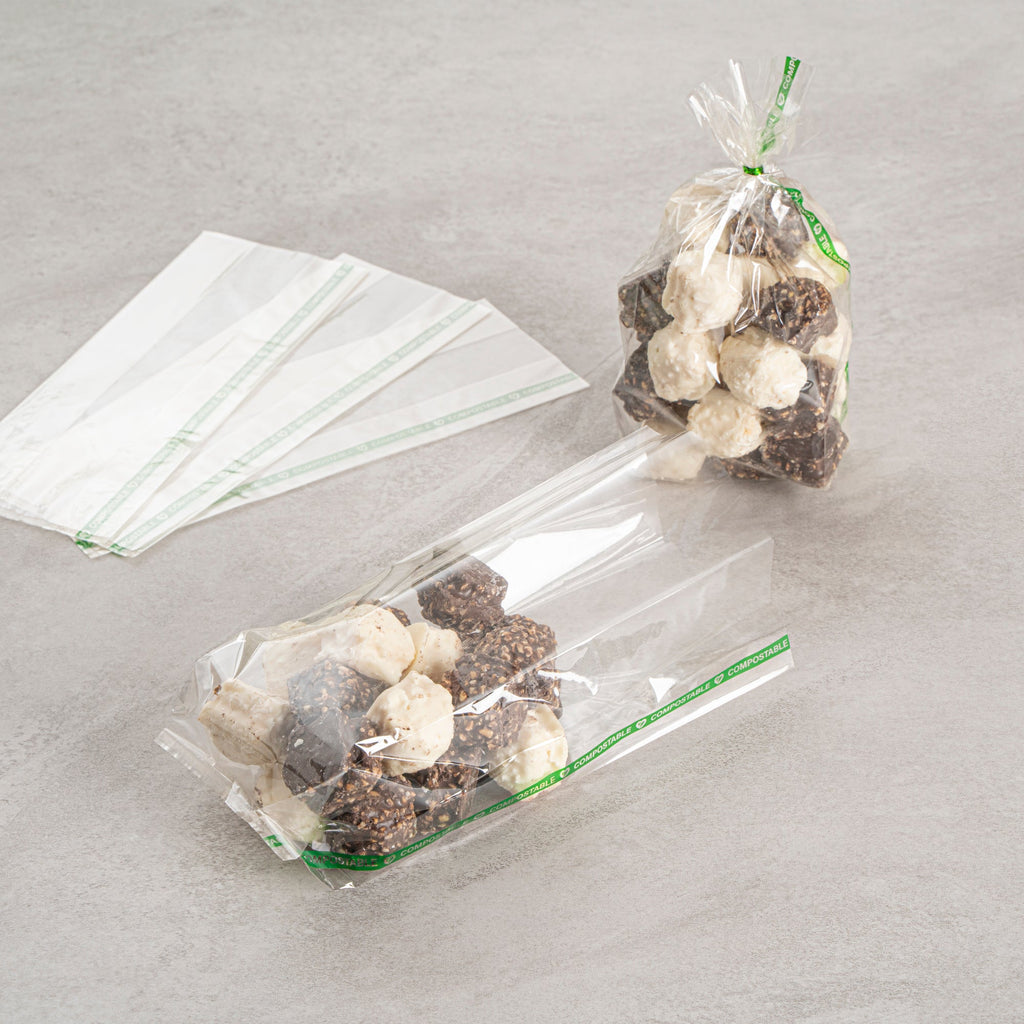 Basic Nature Clear Plastic Gusset Bag - Compostable, High Clarity, Heat Sealable - 3 1/2" x 2 1/4" x 9 3/4" - 100 count box