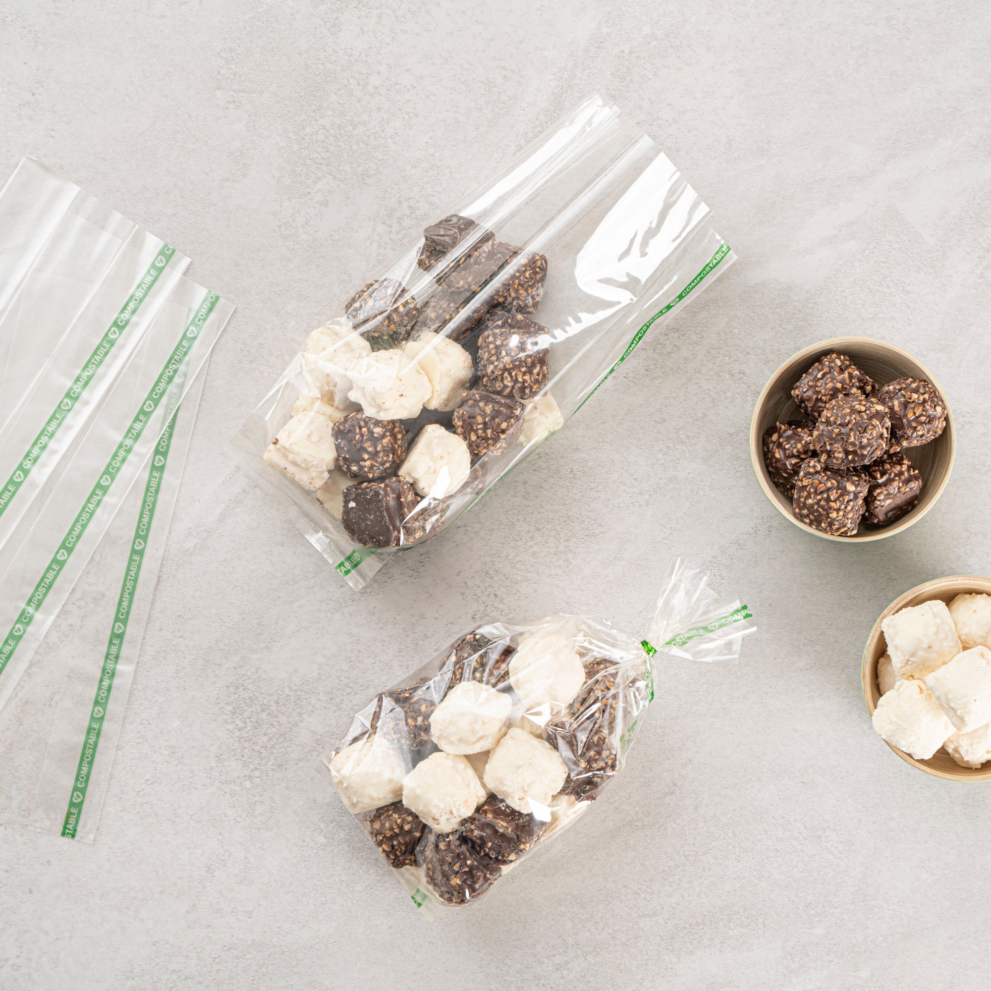 Basic Nature Clear Plastic Gusset Bag - Compostable, High Clarity, Heat Sealable - 3 1/2" x 2 1/4" x 9 3/4" - 100 count box