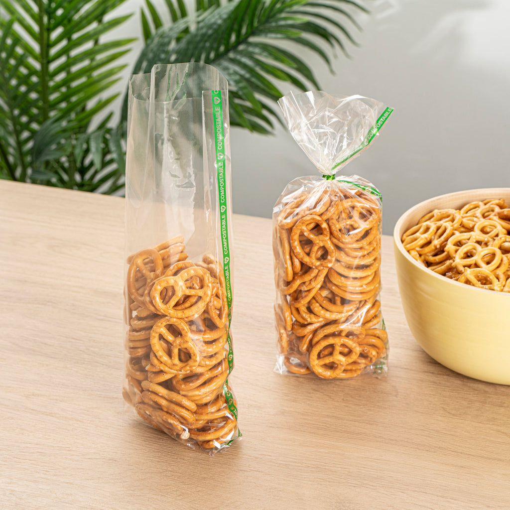 Basic Nature Clear Plastic Gusset Bag - Compostable, High Clarity, Heat Sealable - 3 3/4" x 1 1/4" x 12" - 100 count box