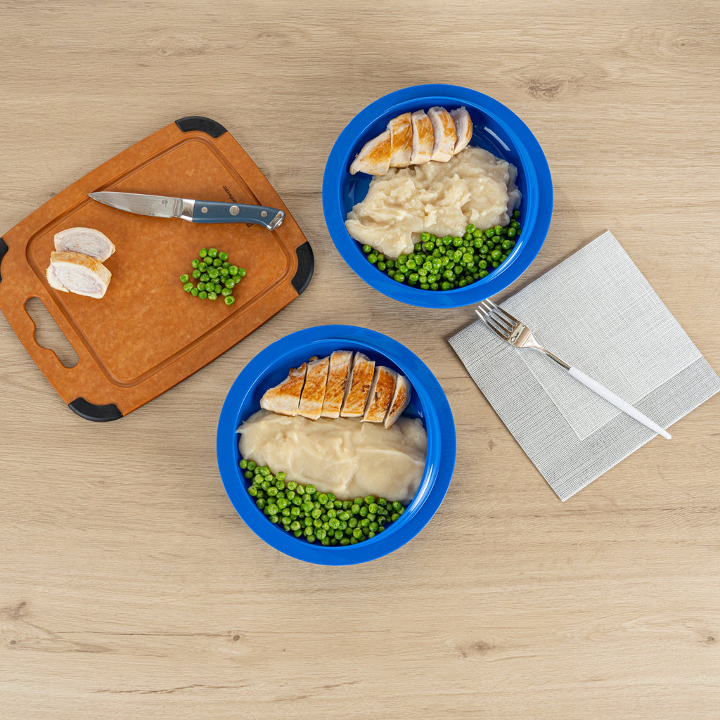 Adapt Tek Round Blue Plastic Scoop Plate - Spillproof, with Suction Base - 9" x 9" x 2 1/4" - 20 count box