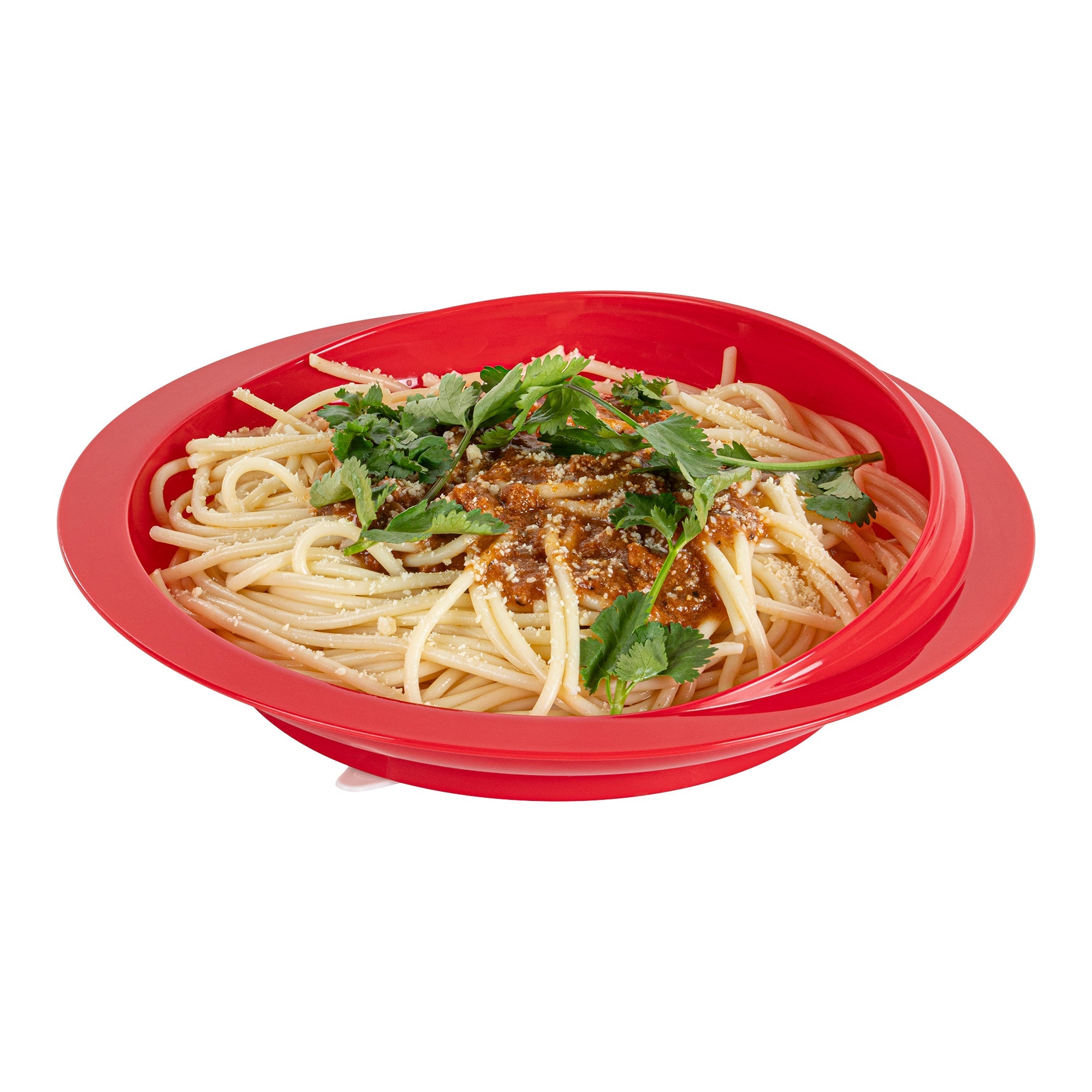 Adapt Tek Round Red Plastic Scoop Plate - Spillproof, with Suction Base - 9" x 9" x 2 1/4" - 1 count box