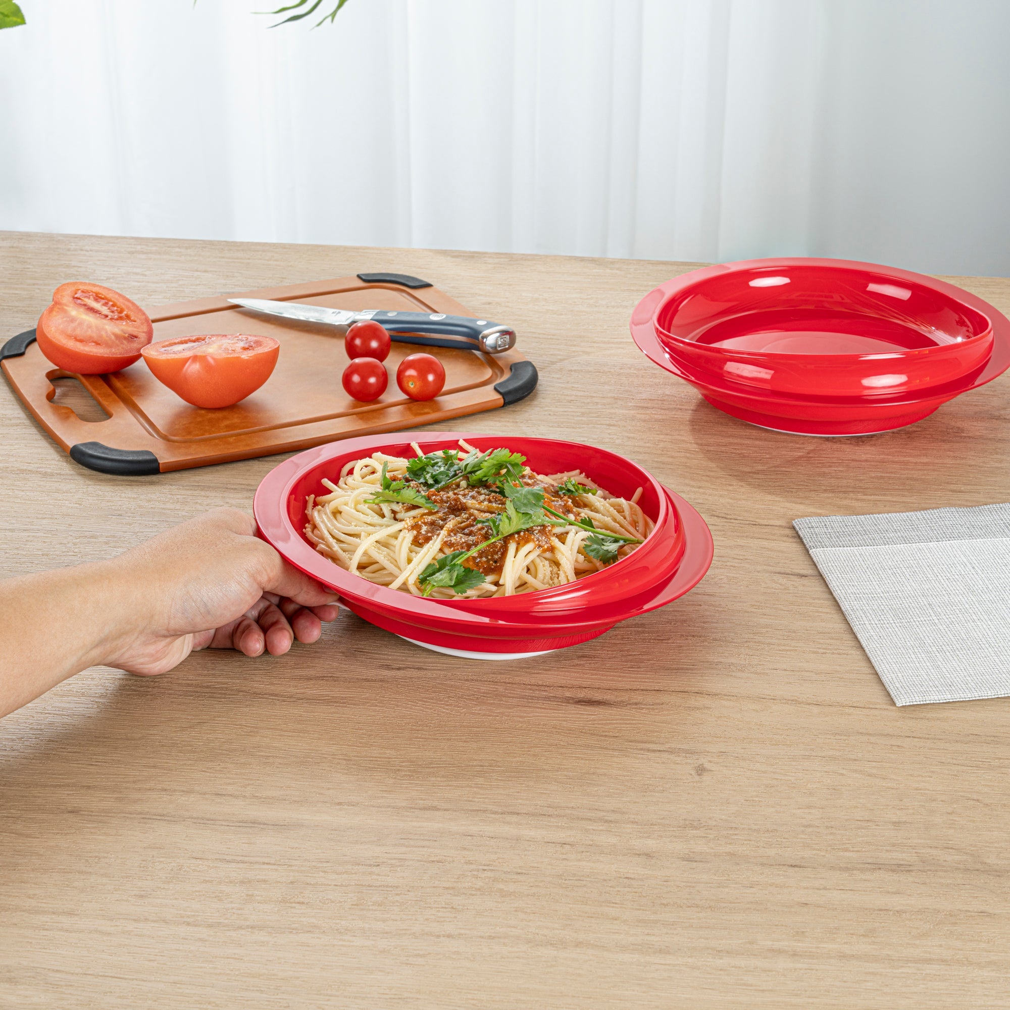 Adapt Tek Round Red Plastic Scoop Plate - Spillproof, with Suction Base - 9" x 9" x 2 1/4" - 1 count box