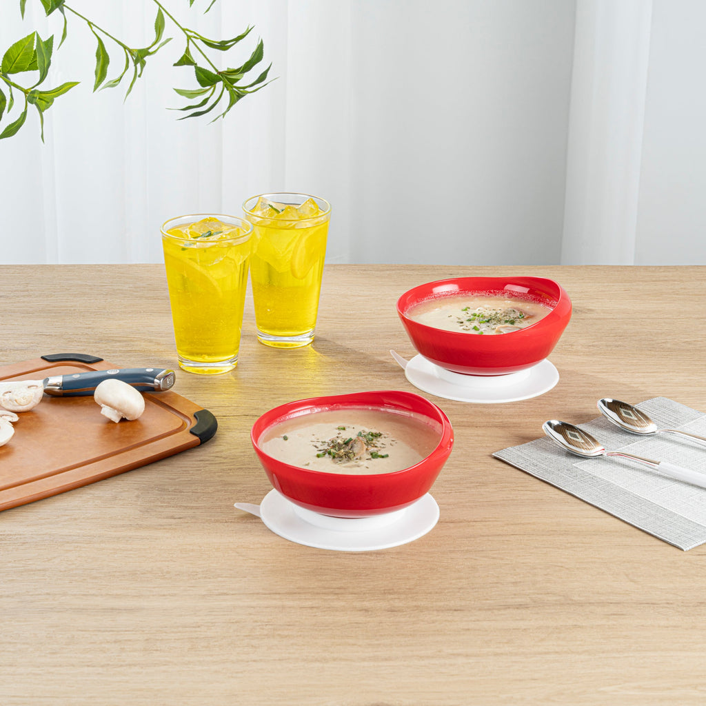 Adapt Tek 19 oz Round Red Plastic Scoop Bowl - Spillproof, with Suction Base - 5 3/4" x 5 3/4" x 3" - 1 count box