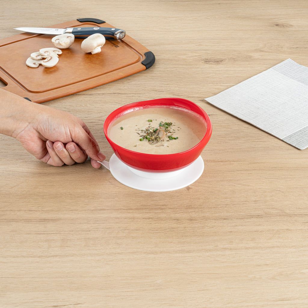 Adapt Tek 19 oz Round Red Plastic Scoop Bowl - Spillproof, with Suction Base - 5 3/4" x 5 3/4" x 3" - 20 count box
