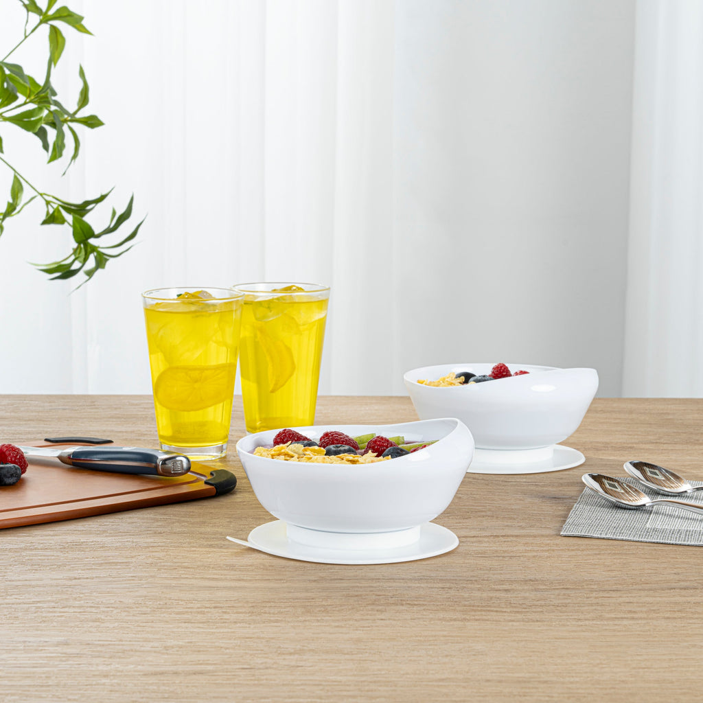 Adapt Tek 19 oz Round White Plastic Scoop Bowl - Spillproof, with Suction Base - 5 3/4" x 5 3/4" x 3" - 1 count box