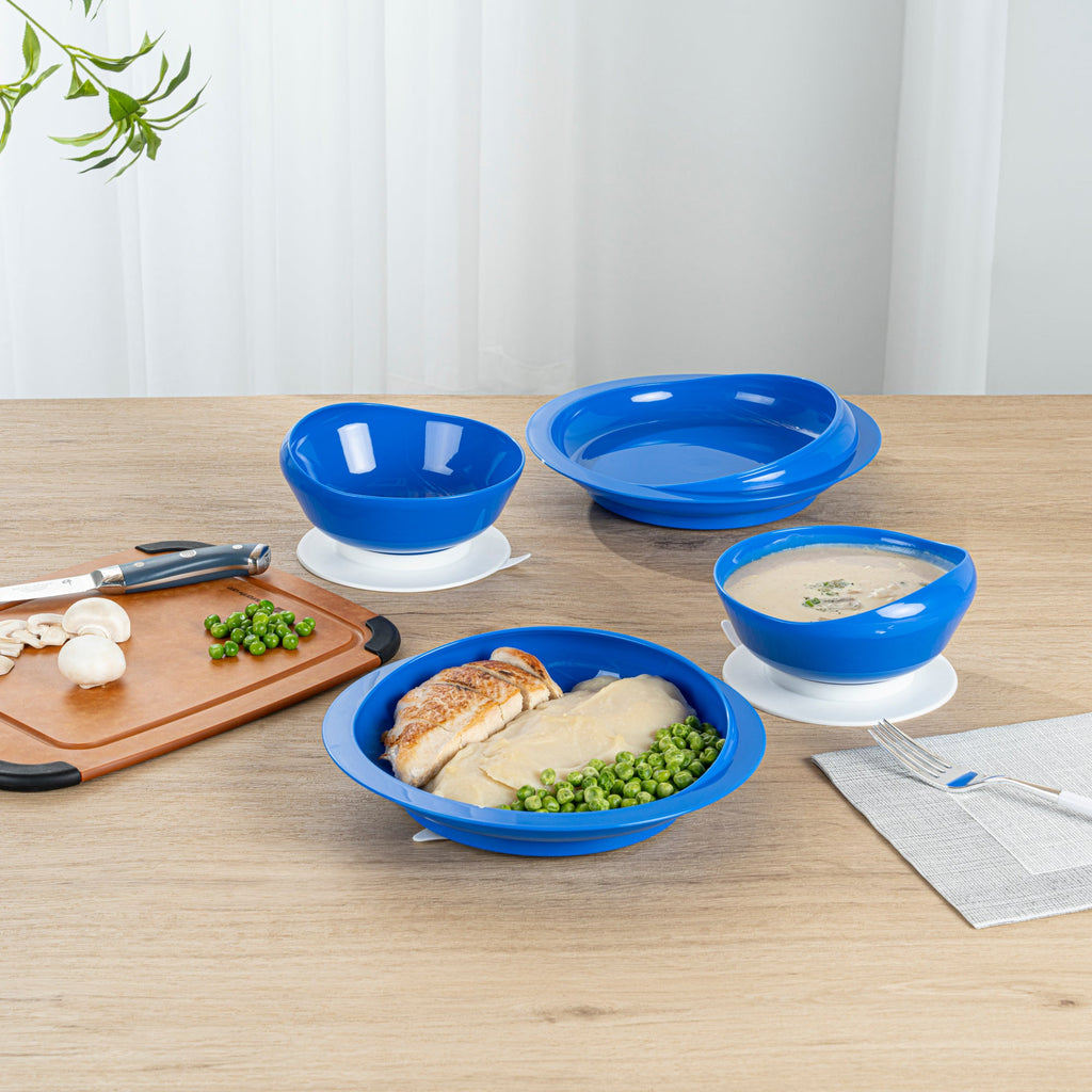 Adapt Tek Blue Plastic 2-Piece Scoop Plate and Bowl Set - Spillproof, with Suction Base - Includes 1 Plate and 1 Bowl