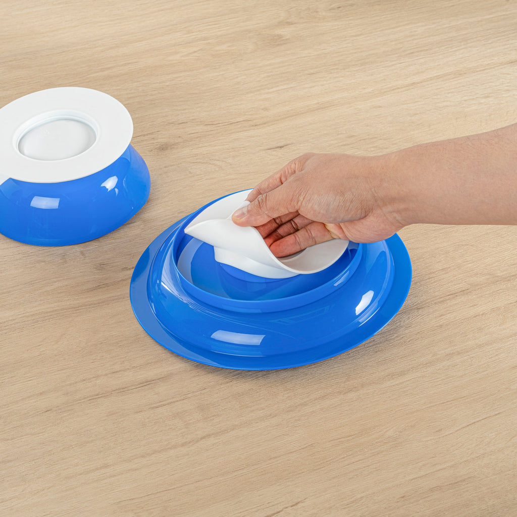Adapt Tek Blue Plastic 2-Piece Scoop Plate and Bowl Set - Spillproof, with Suction Base - Includes 1 Plate and 1 Bowl