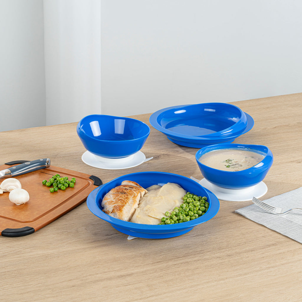 Adapt Tek Blue Plastic 2-Piece Scoop Plate and Bowl Set - Spillproof, with Suction Base - Includes 1 Plate and 1 Bowl