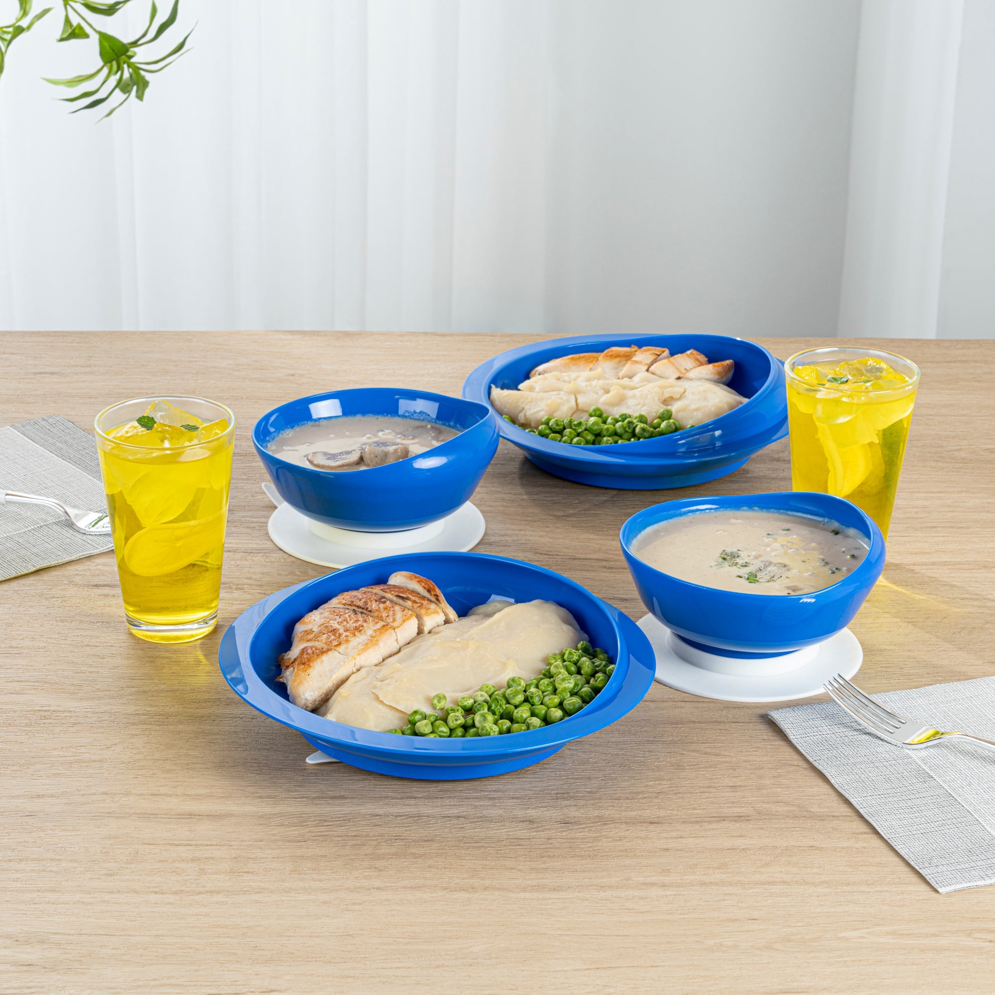 Adapt Tek Blue Plastic 2-Piece Scoop Plate and Bowl Set - Spillproof, with Suction Base - Includes 1 Plate and 1 Bowl