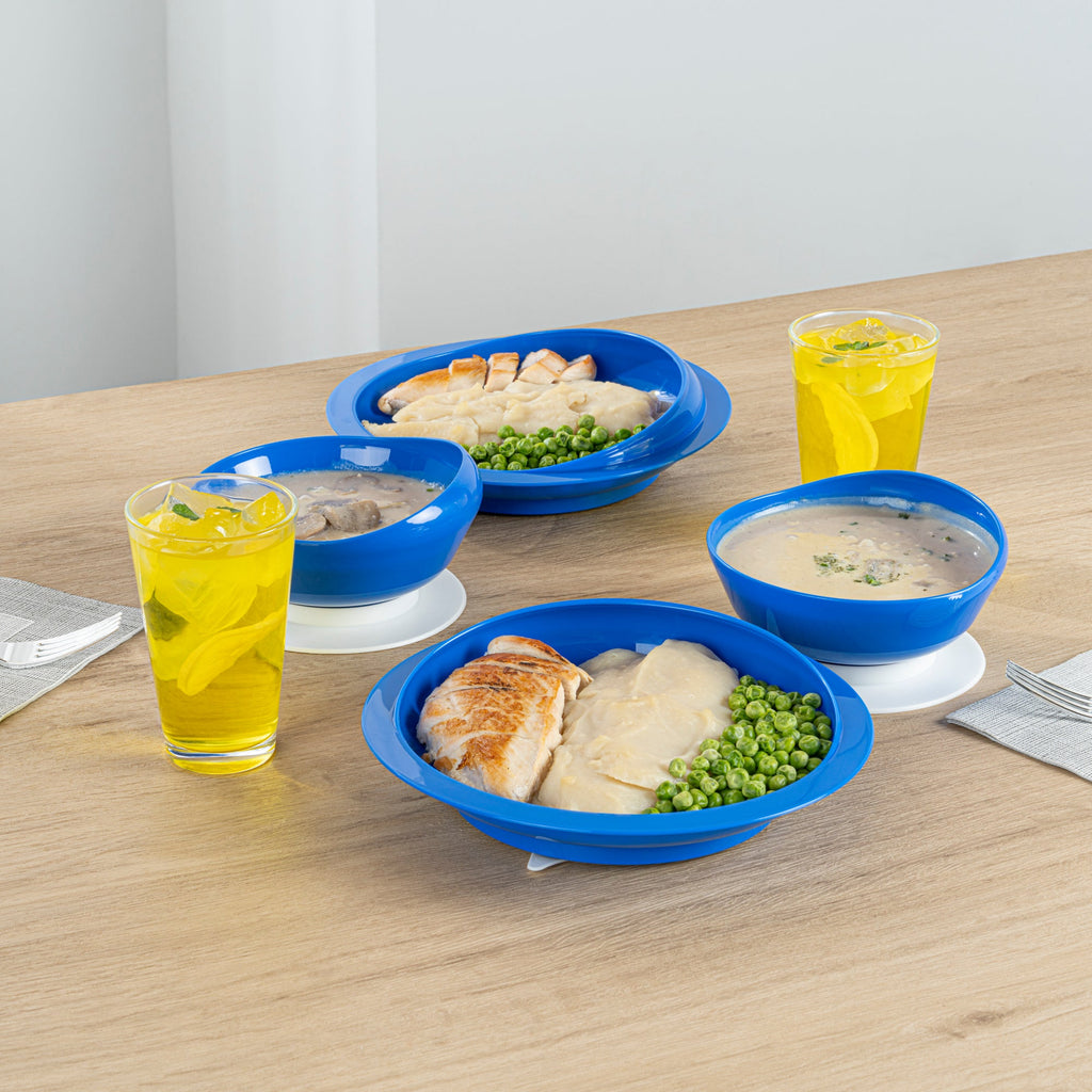 Adapt Tek Blue Plastic 2-Piece Scoop Plate and Bowl Set - Spillproof, with Suction Base - Includes 1 Plate and 1 Bowl