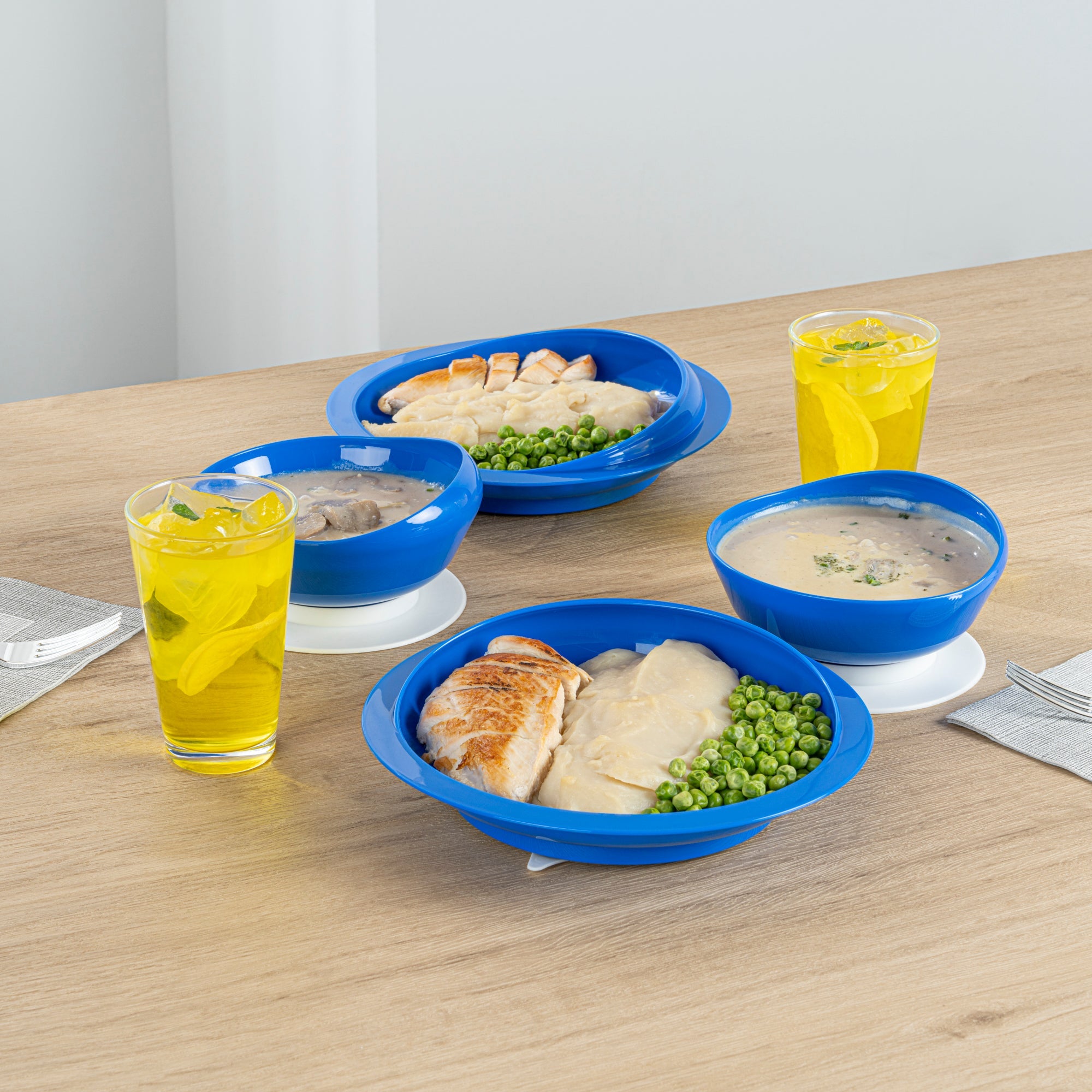 Adapt Tek Blue Plastic 2-Piece Scoop Plate and Bowl Set - Spillproof, with Suction Base - Includes 1 Plate and 1 Bowl